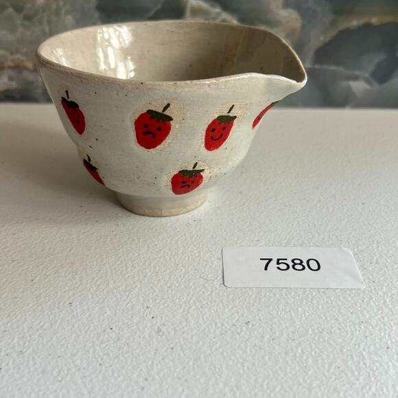 Studio Art Pottery Ceramic Matcha Bowl Hand Painted Strawberries Unique Gray - Picture 10 of 10